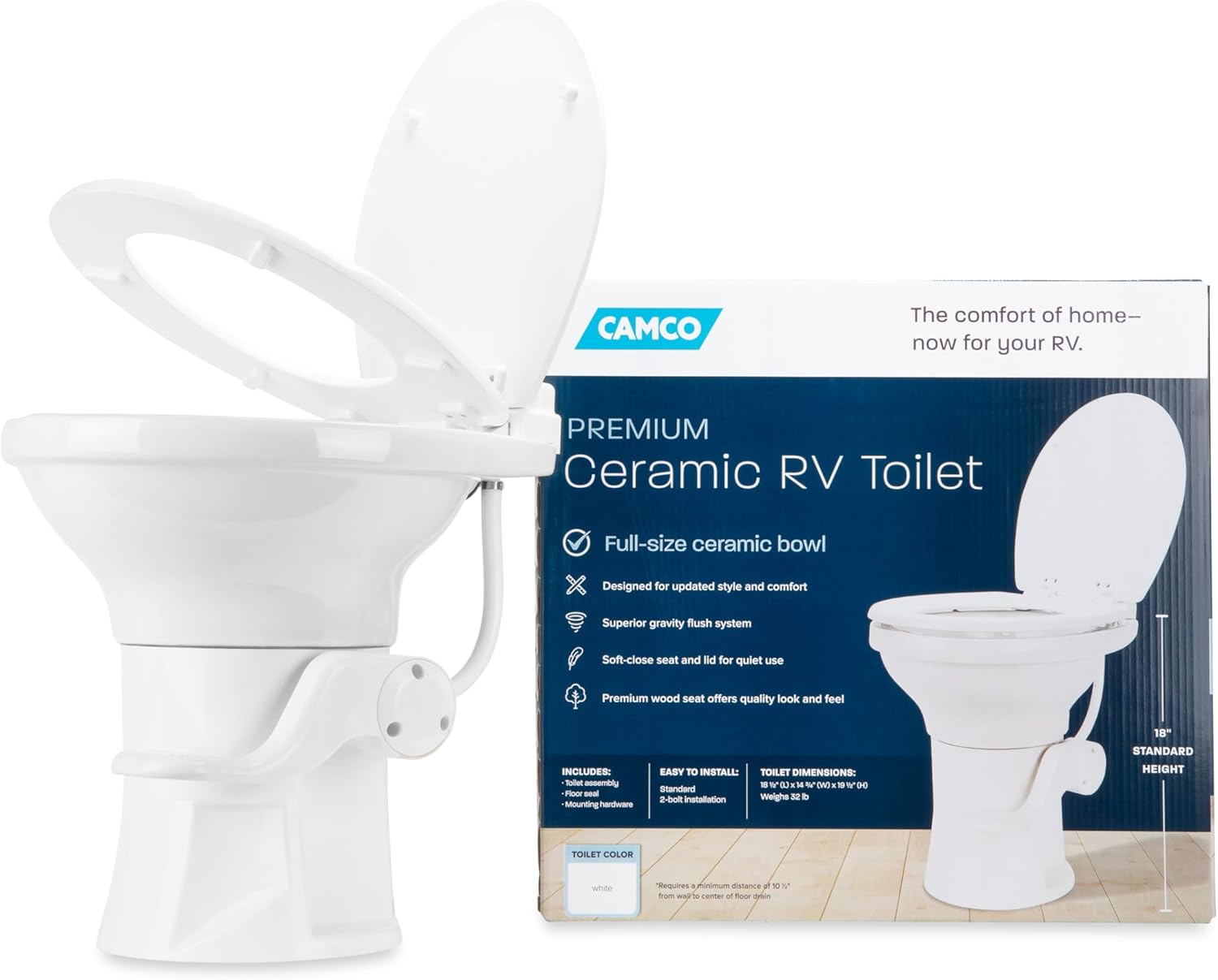 Camco Premium Ceramic Camper/RV Toilet - Features Gravity Flush System w/Convenient Foot Pedal - Full-Sized Ergonomic Design