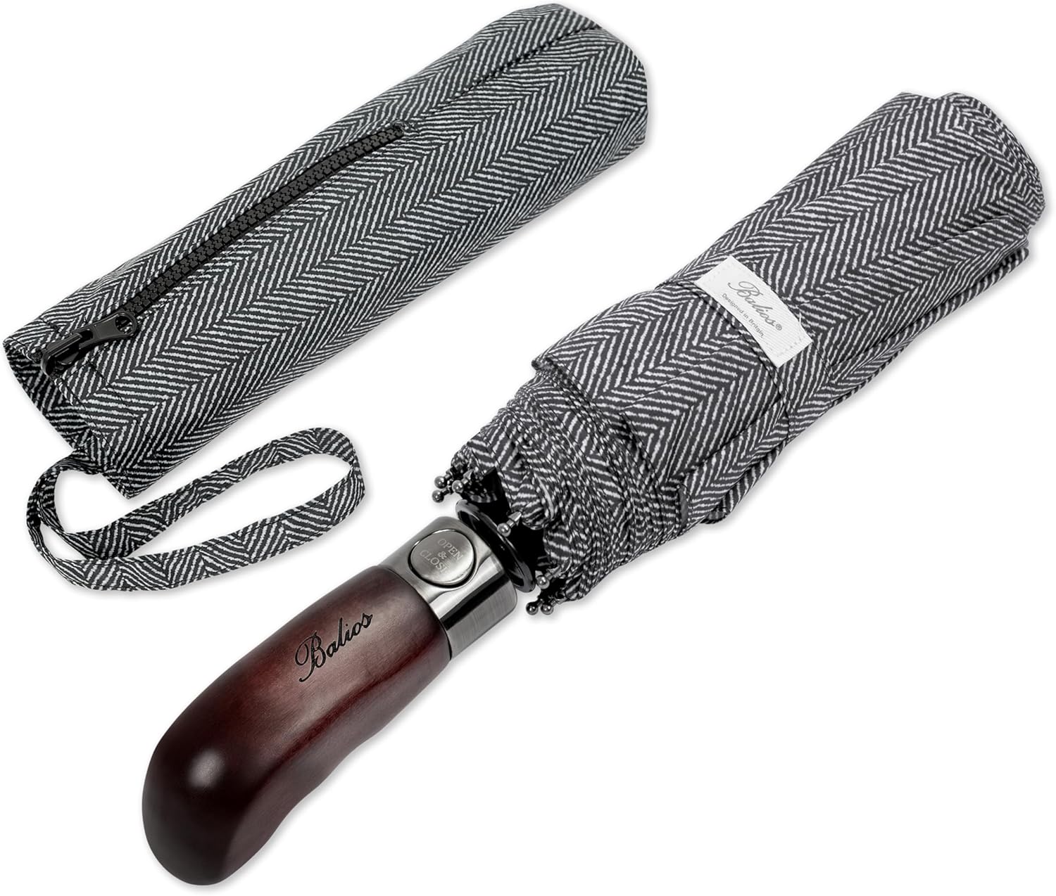 Balios Travel Folding Umbrella with Real Wood Handle 